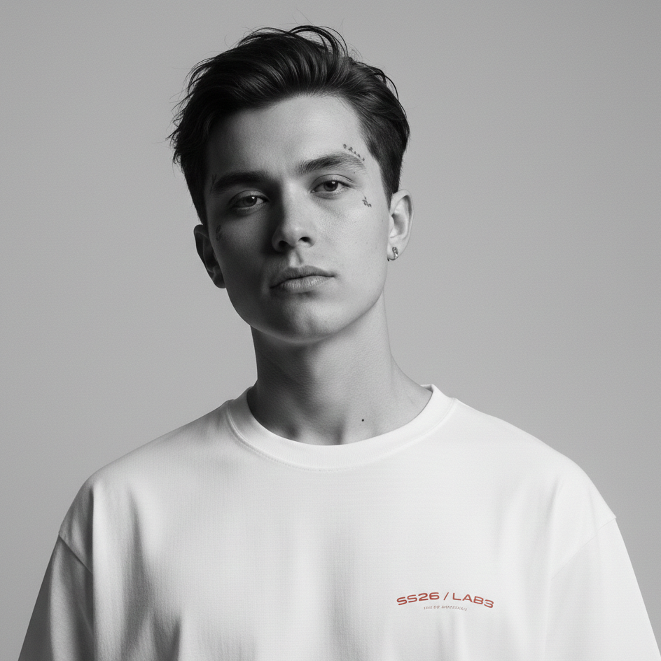 Person wearing a white t-shirt with a logo on a gray background