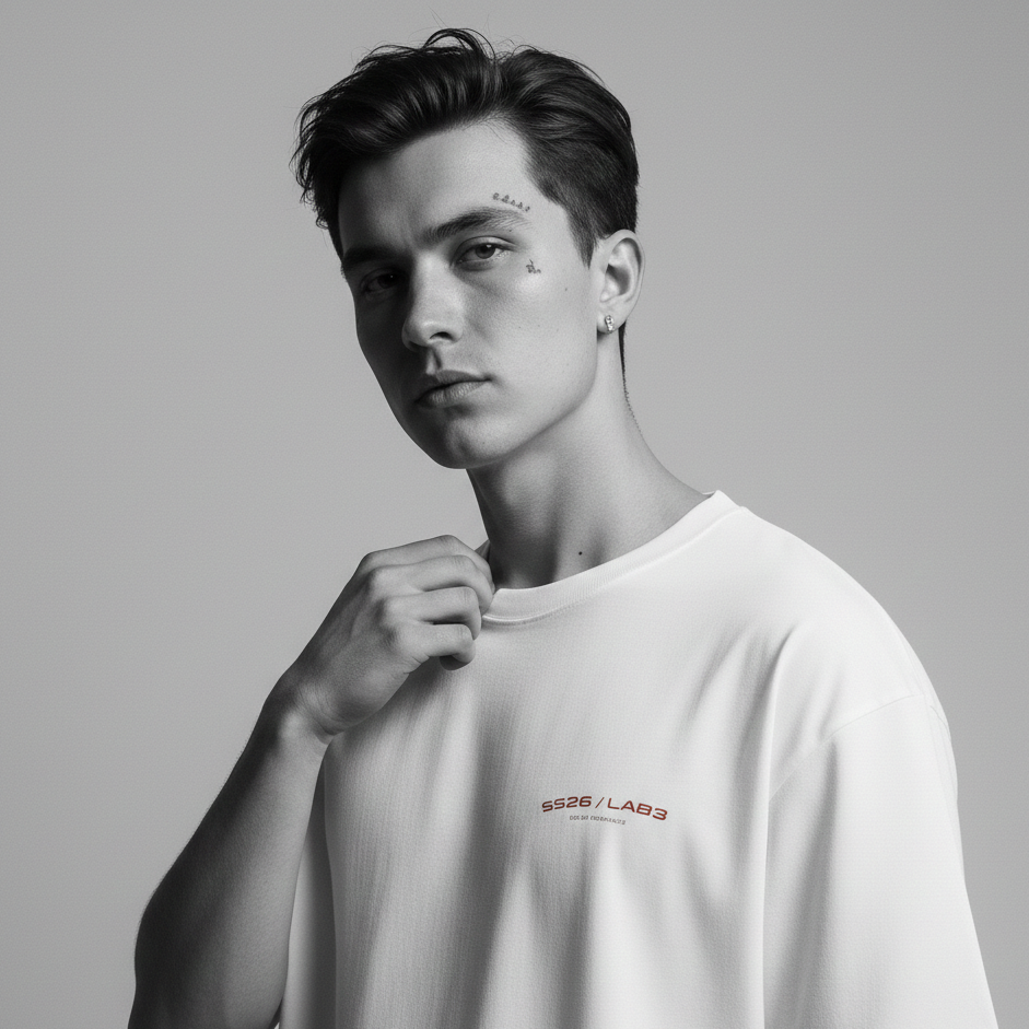 Person wearing a white t-shirt with a logo on a gray background