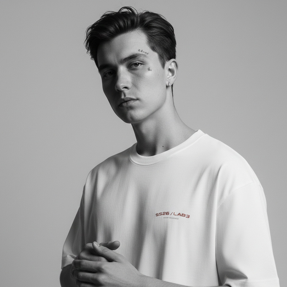 Person wearing a white t-shirt with a logo on a gray background