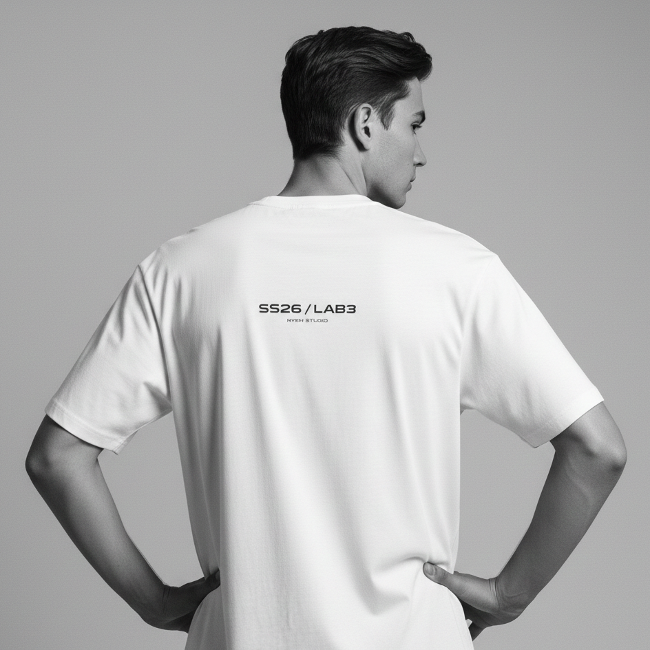 Person wearing a white t-shirt with 'SS26/LAB3' branding on the back, standing against a gray background.