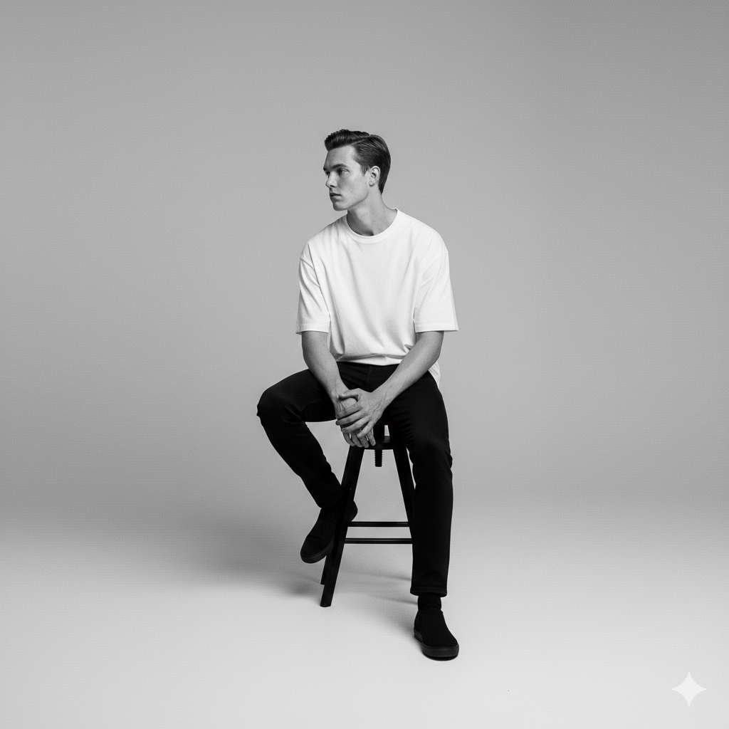 Person sitting on a stool wearing a white t-shirt and black pants against a gray background