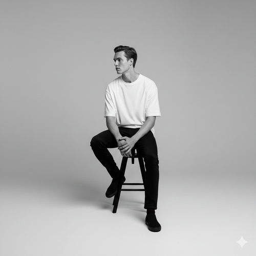 Person sitting on a stool wearing a white t-shirt and black pants against a gray background
