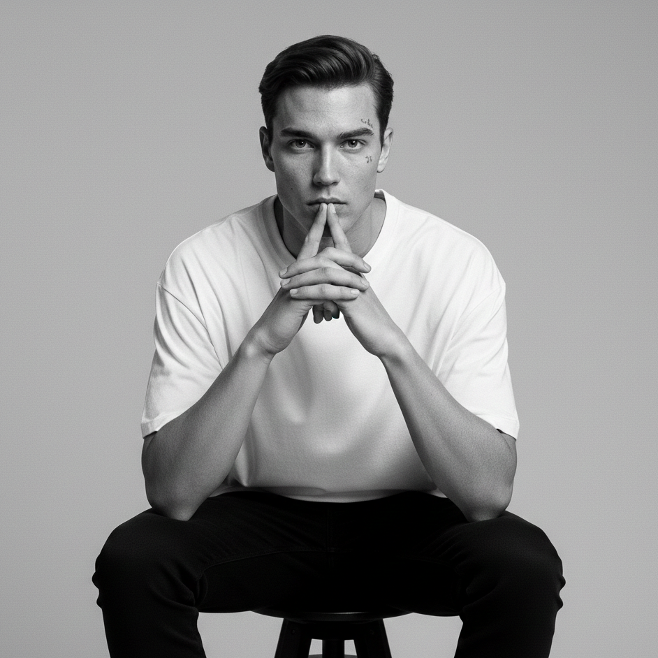 Man sitting on a stool with hands clasped in front of him against a gray background