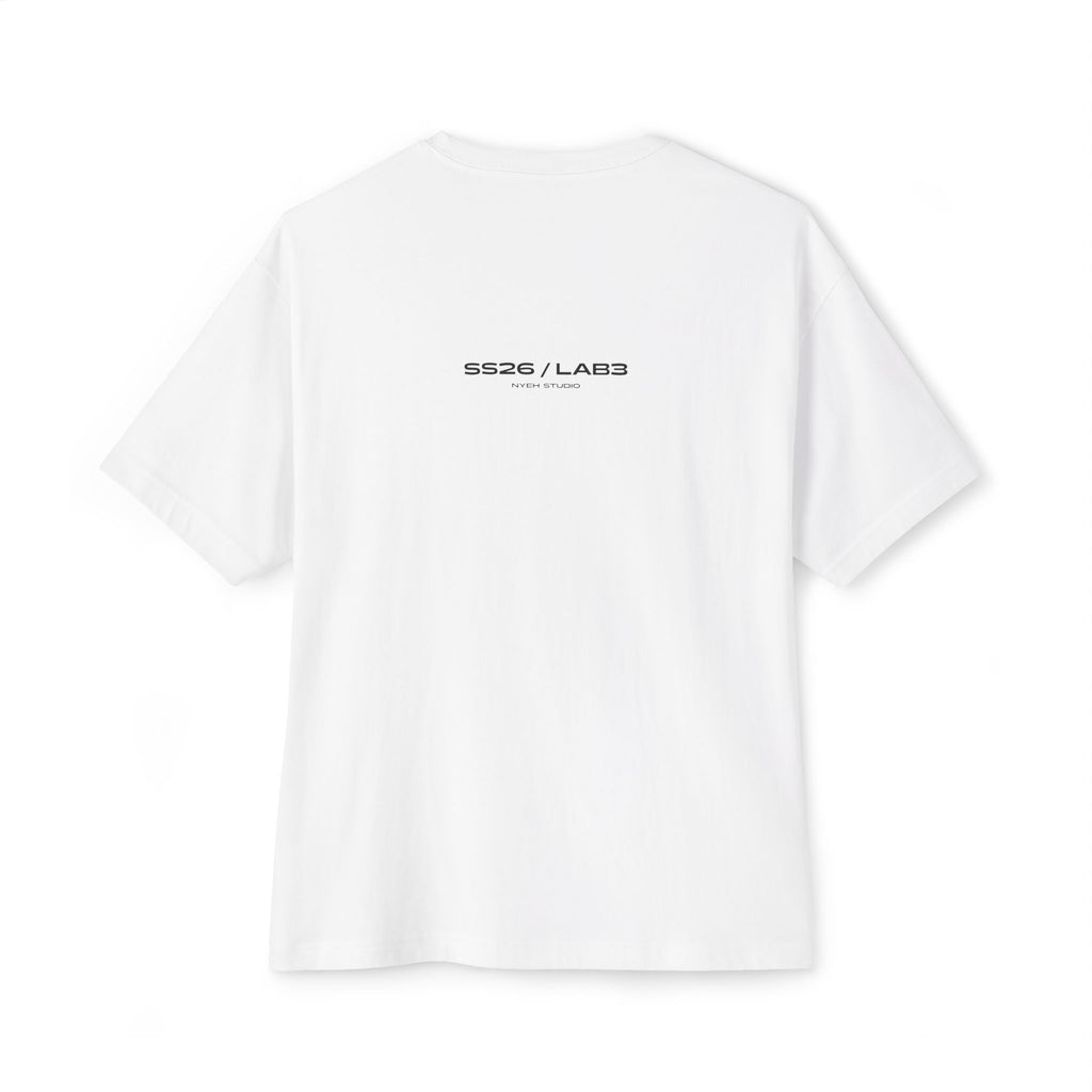 White t-shirt with 'SS26/LAB3' logo on the back against a white background