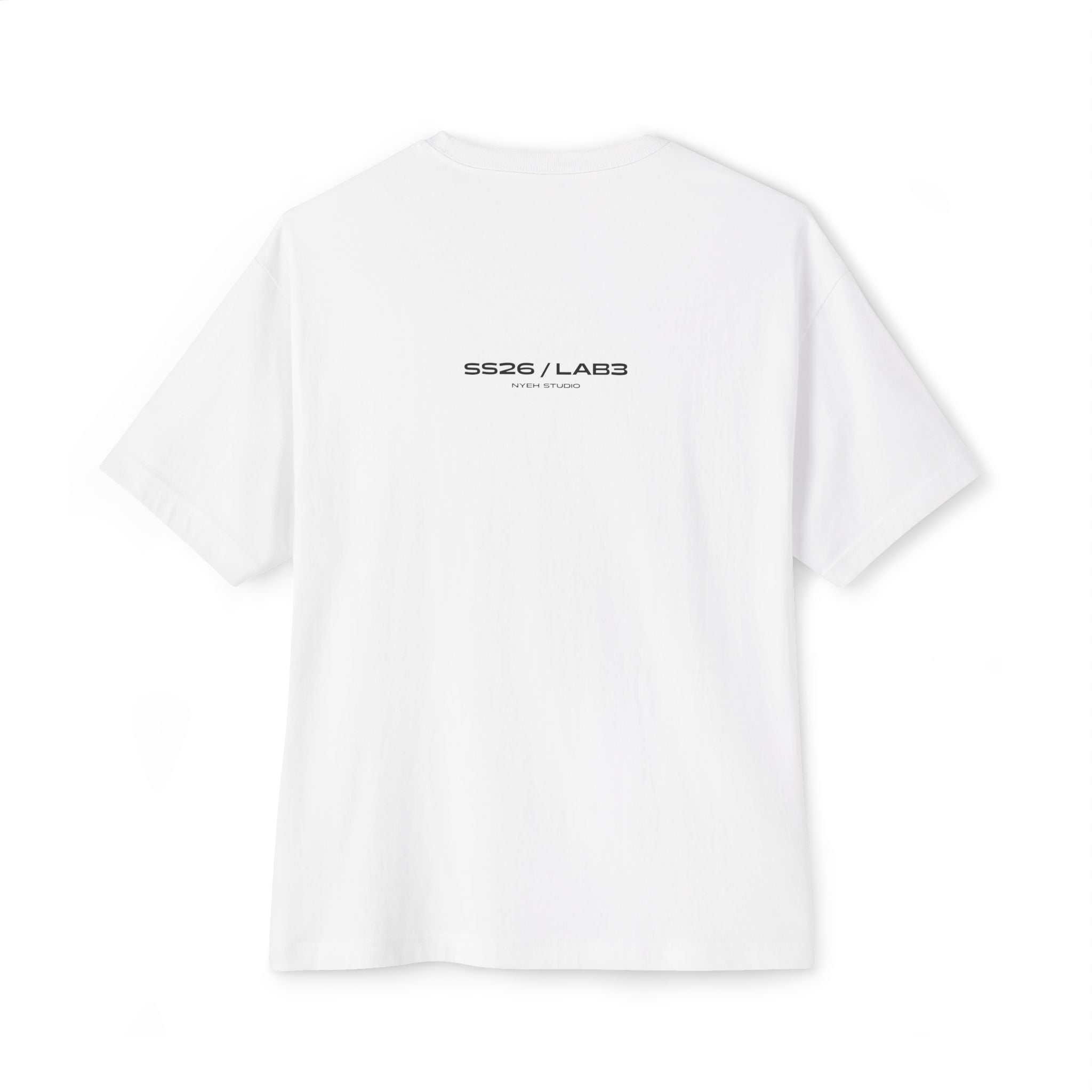 White t-shirt with 'SS26/LAB3' logo on the back against a white background